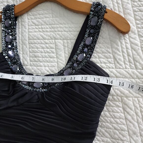 XSCAPE ruched cocktail navy blue embellish neck midi dress - Picture 5 of 9